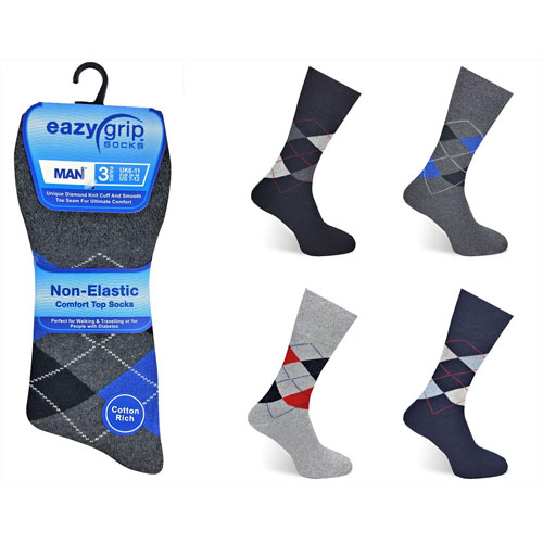 6 Pairs Mens Eazy Grip Non Elastic Socks Argyle
